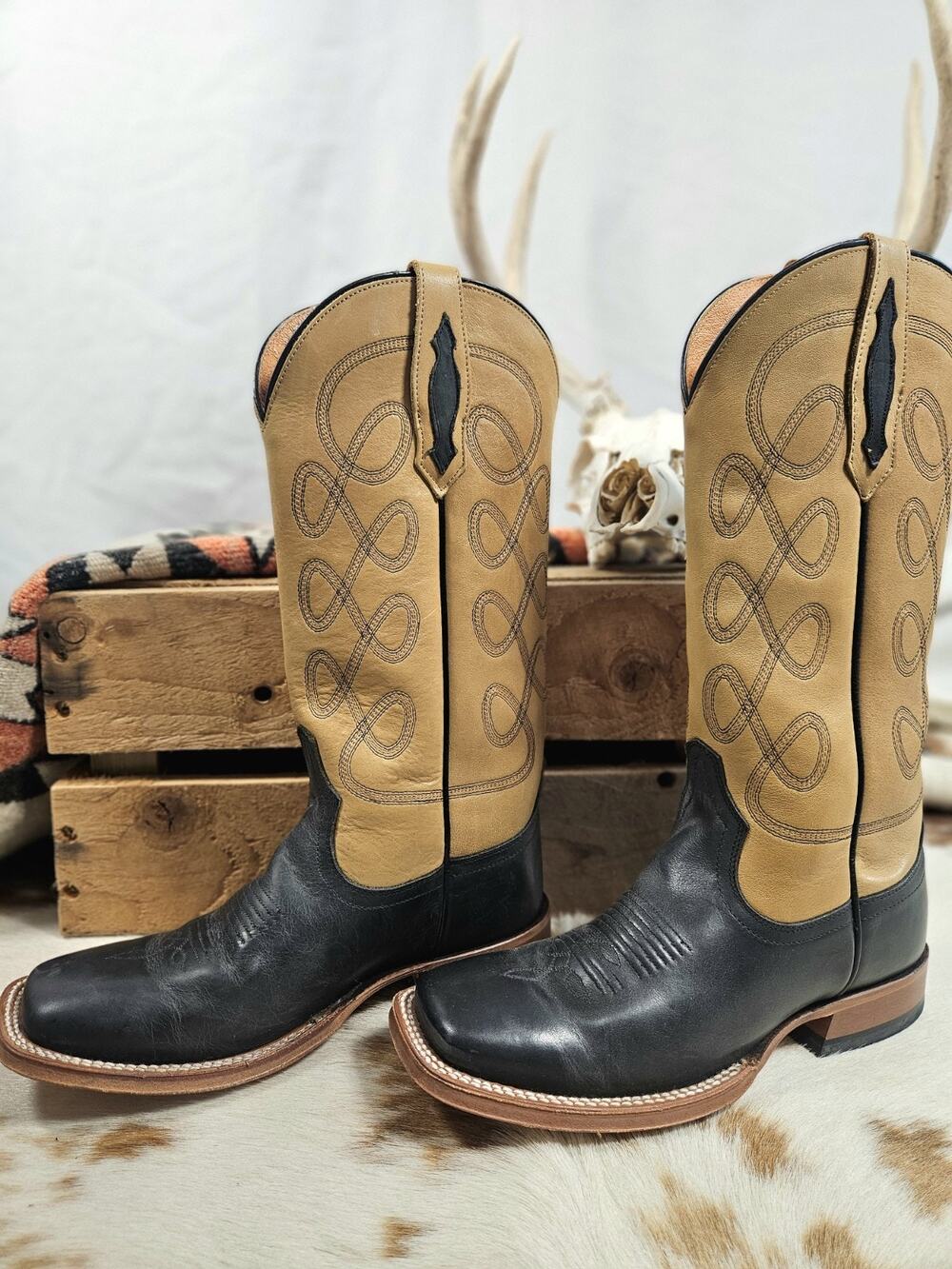 Tony Lama Tinrose Black Tan Leather Square Toe Cowgirl Boots Womens 6.5 B 3202